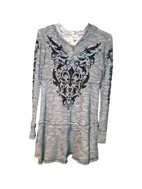 Vocal Gray Zip‑Up Hooded Sweater Iridescent Embellishment Tunic Small
